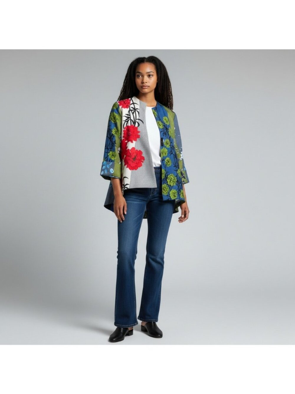 IC Collection Mixed-Media Asian Flair Jacket M Vibrant Colorblock Floral Print L